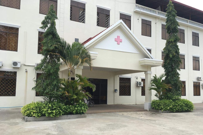 The front of a hospital building in Phnom Penh, Cambodia.