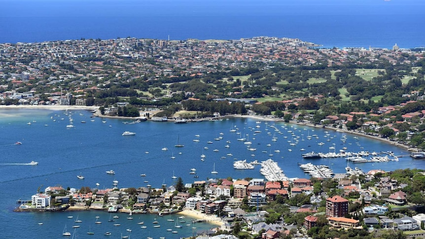 鸟瞰图显示悉尼的海湾和房子