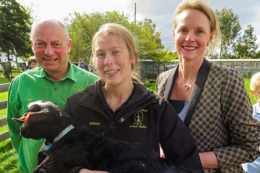 Primary Industries Minister Sarah Courtney (right) with student Abbey and Sorell School teacher Bill Shoobridge.