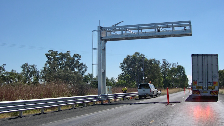 Average speed camera and truck on Newell Highway near Coonabarabran, NSW  April 2012