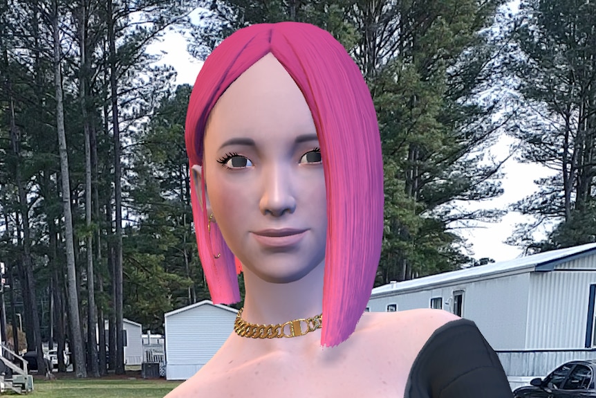 A close up image of a digital avatar with pink hair against a photo of a backyard. 
