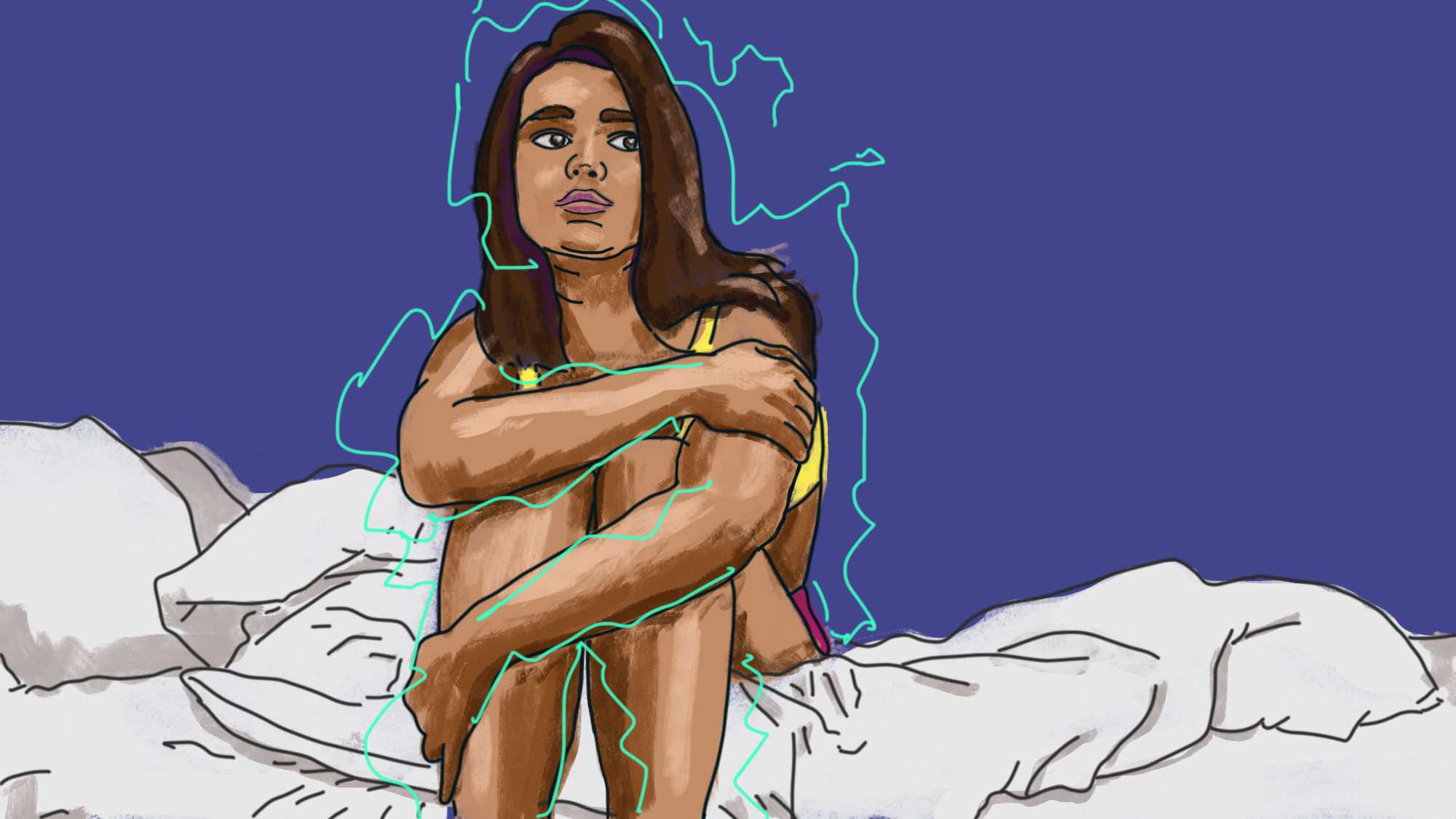 Illustration of woman holding her legs