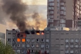 Residential building on fire after drone attacks.