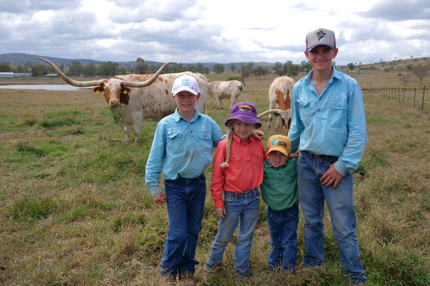 Three boys and one girl standing side-by-side in a paddock, longhorn cattle in the background.