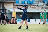 Matildas assistant coach Mel Andreatta points as she coaches her team.