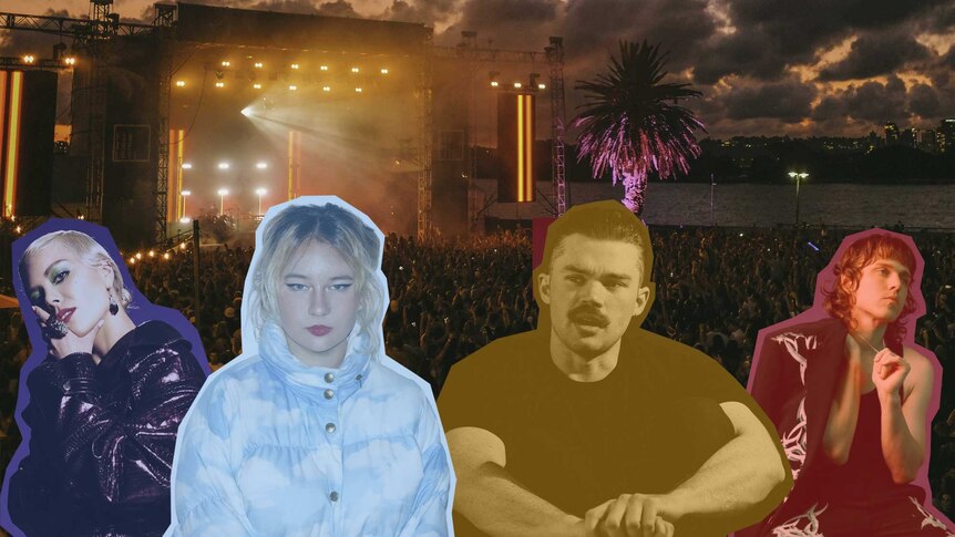 A collage of the For The Love 2022 line-up: George Maple, Mallrat, Dom Dolla, Allday