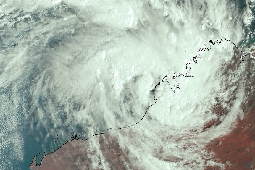 An image captured by the Himawari-8 satellite shows Cyclone Joyce forming off the northern WA coast.