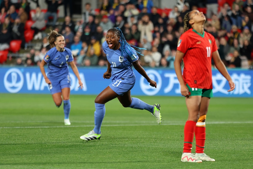 Kadidiatou Diani runs away yelling after scoring for France in the FIFA Women's World Cup against Morocco.