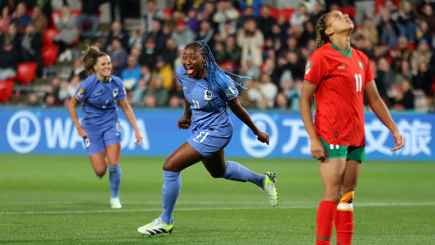 Kadidiatou Diani runs away yelling after scoring for France in the FIFA Women's World Cup against Morocco.