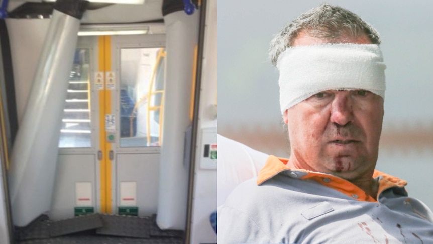 A composite image of a train with bent metal, and a man with a bandage on his head.