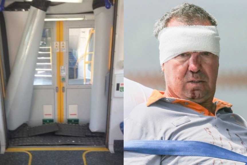 A composite image of a train with bent metal, and a man with a bandage on his head.