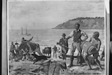 An illustration of Edward Henty and other settlers with large barrels, guns and livestock on a beach.