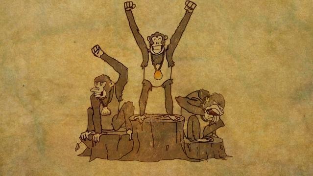 Drawing of a three apes on a podium, raising arms in victory