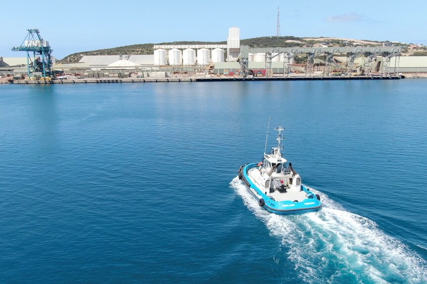 A blue tug boat driving towards grain silos in a port 