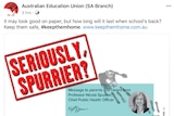 A social media post featuring Nicola Spurrier's image, dirty hand prints and red text that reads SERIOUSLY SPURRIER?
