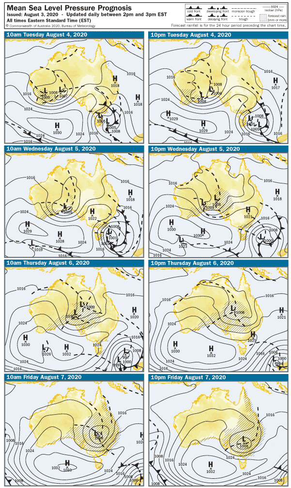 A set of four synoptic maps showing cold weather systems moving across Australia.