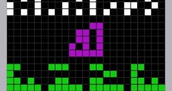 Patterns of green, purple and white cubes on a black grid.