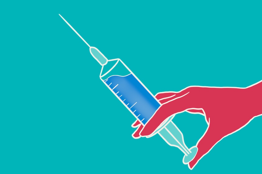 A blue, green, red and white graphic of a hand holding a needle.