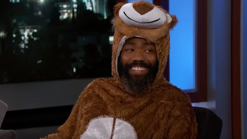 Donald Glover dressed in a lion onesie on Jimmy Kimmel Live