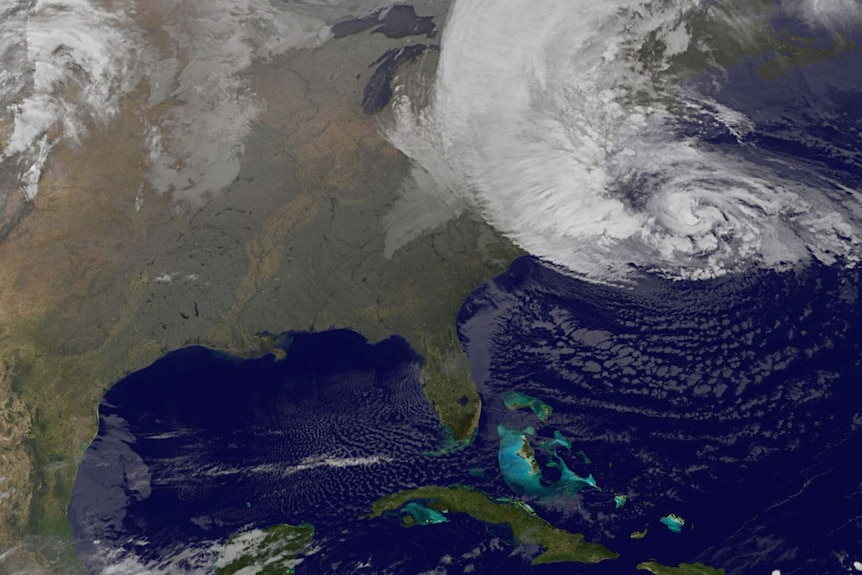 A NASA satellite image shows Hurricane Sandy on the east coast of the US.