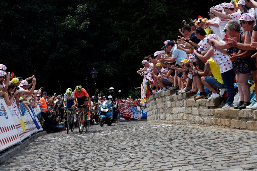 Greg van Avermaet climbs the Mur de Grammont as fans crowd the edges of the cobbled road