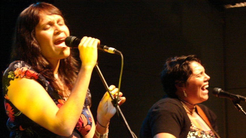 Kaleena Briggs and Nardi Simpson performing as the Stiff Gins.