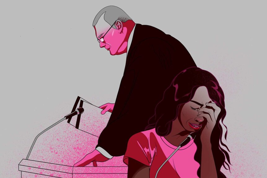 An illustration shows a woman, sitting in front of a male judge, crying.