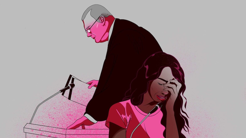 An illustration shows a woman, sitting in front of a male judge, crying.