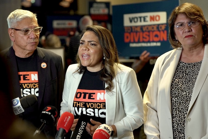 Three people standing in front of Vote No posters, speaking to media.