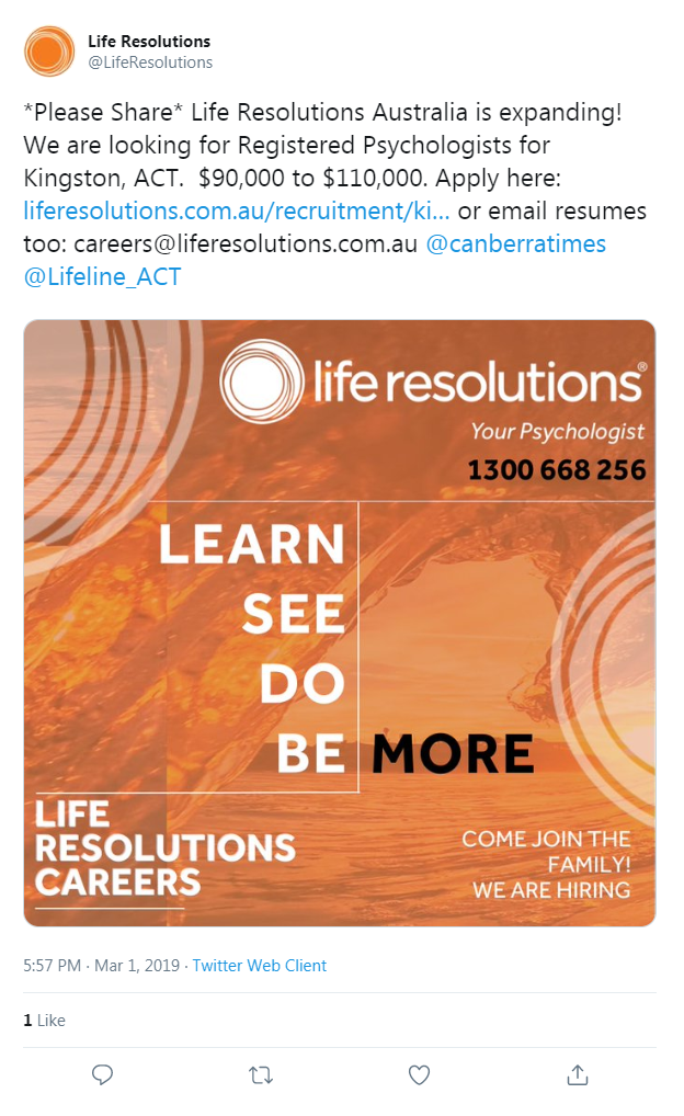 A tweet showing that Life Resolutions advertising its 'expansion' in March 2019, five months after going into liquidation.