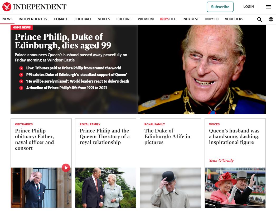 The Independent website after the death of Prince Philip.