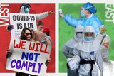 A photo collage showing West (left) protesters in the US and East (right) doctors wearing protective gear.