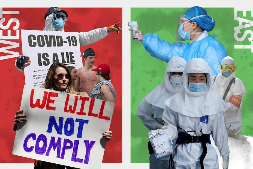 A photo collage showing West (left) protesters in the US and East (right) doctors wearing protective gear.