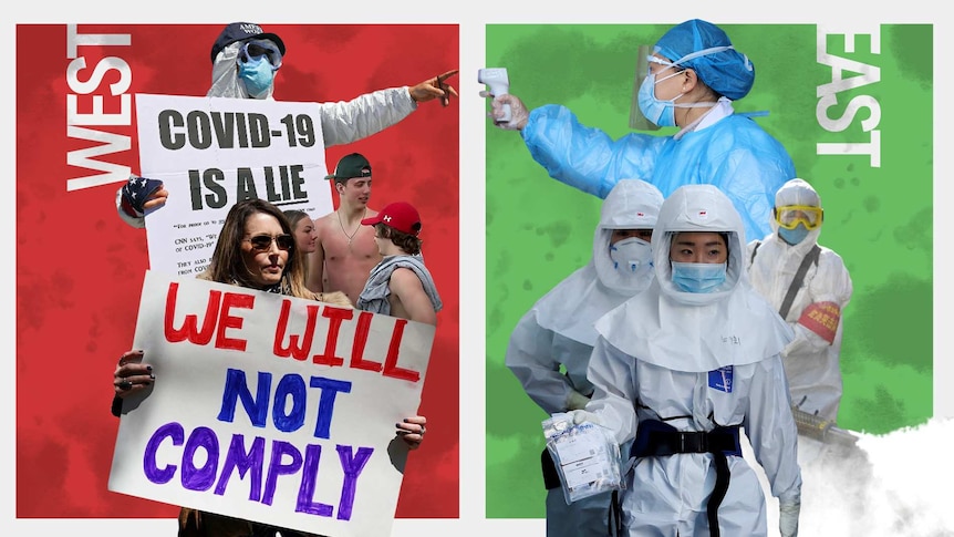 A photo collage showing West (left) protesters in the US and East (right) doctors wearing protective gear.