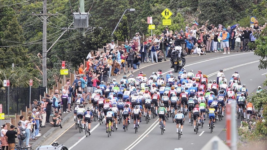 A peloton is watched by spectators on the side of the road