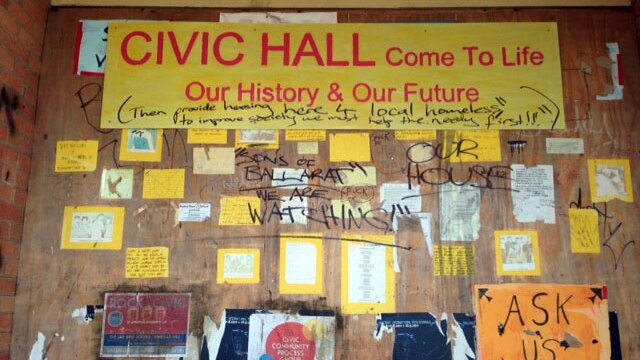 Save our hall posters inside Ballarat Civic Hall