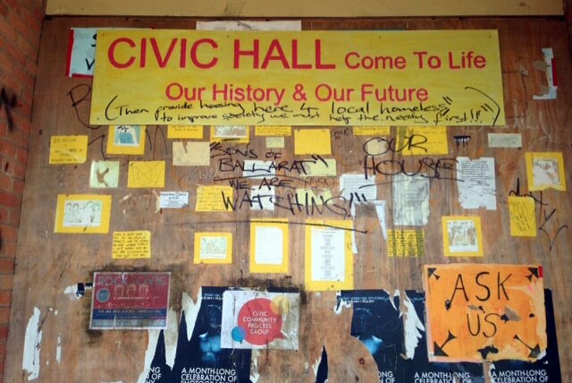 Save our hall posters inside Ballarat Civic Hall