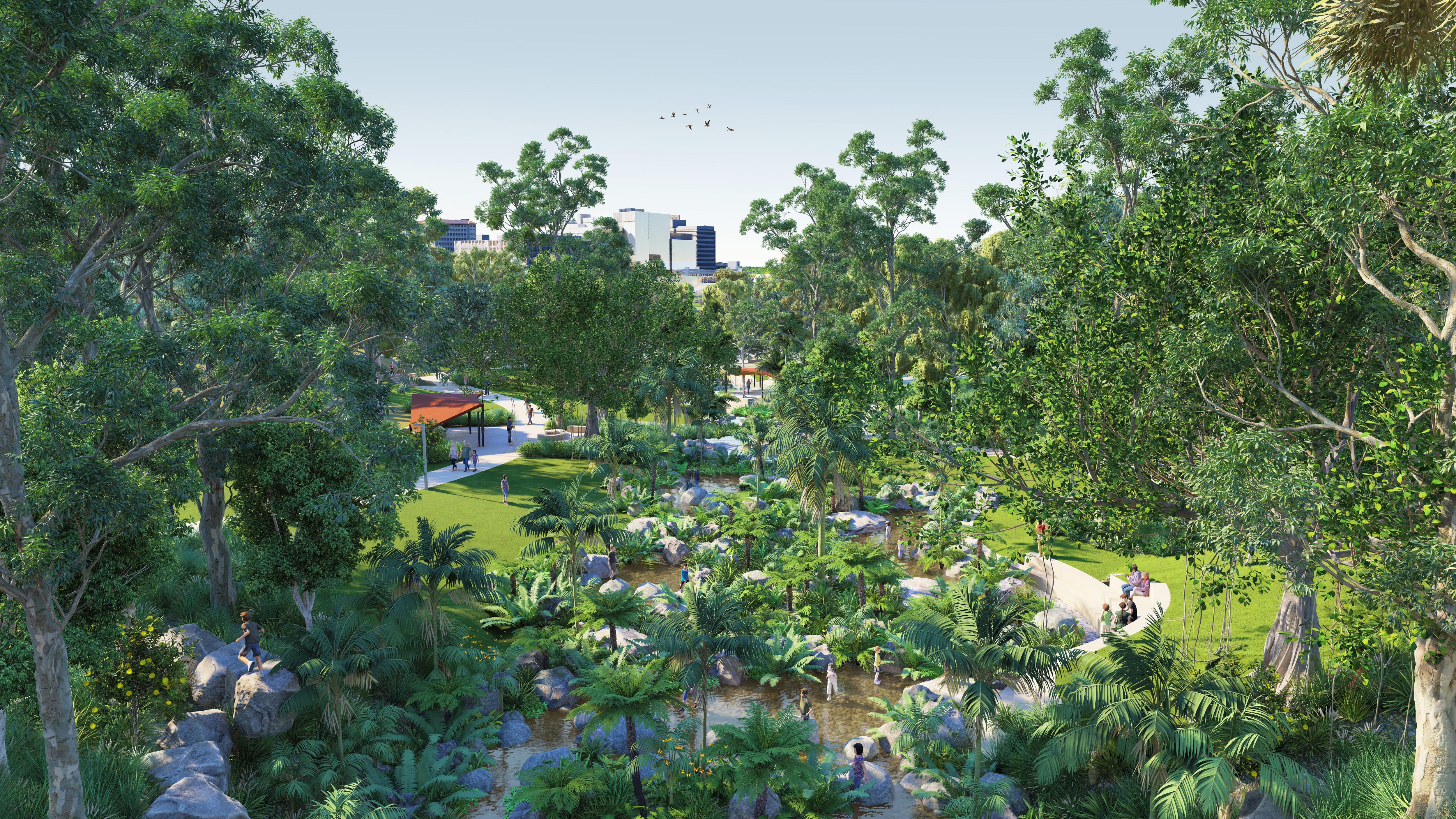 Plan for inner city parkland showing trees, paths and grassy areas with people.