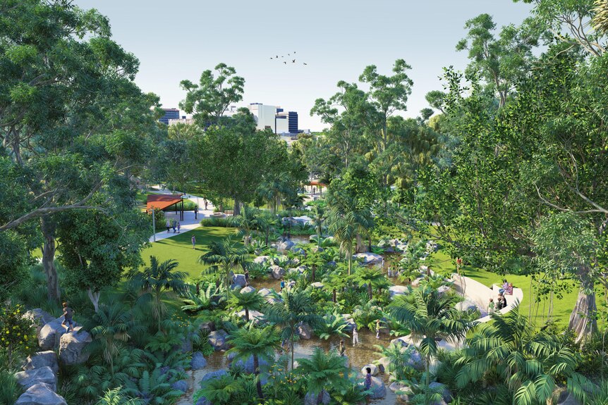 Plan for inner city parkland showing trees, paths and grassy areas with people.