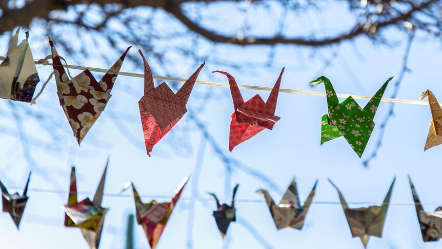 Paper cranes hung on a line