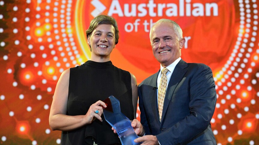Malcolm Turnbull hands the Australian of the Year award to Professor Michelle Yvonne Simmons