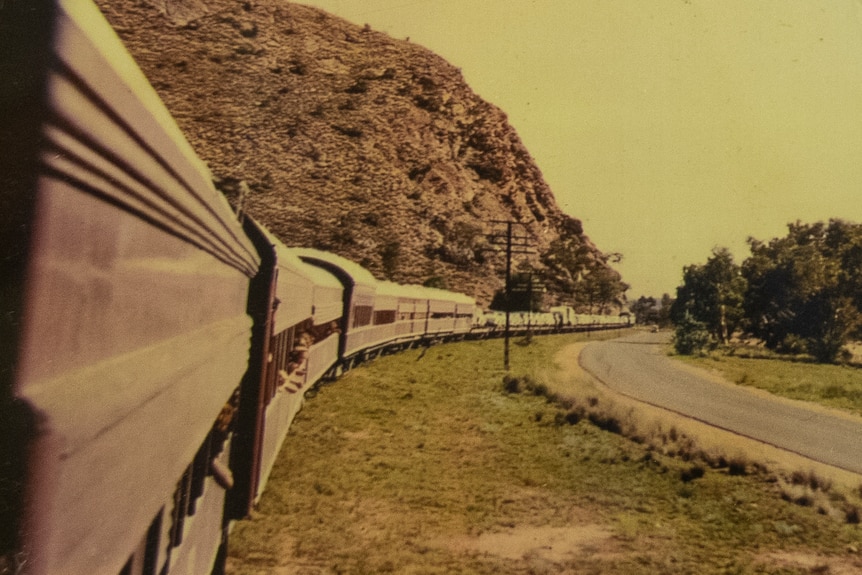 Old photo of a train track near Alice Springs