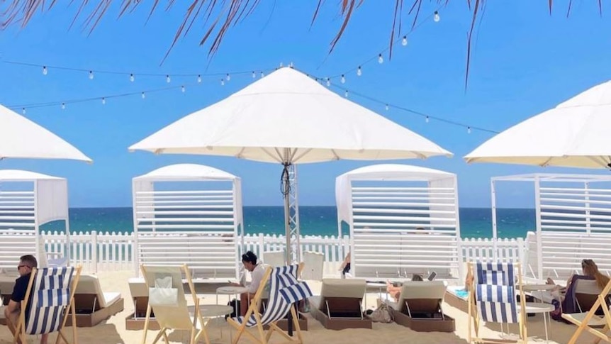 An artists sketch of white beach umbrellas shading sun loungers under blue skies and skies.