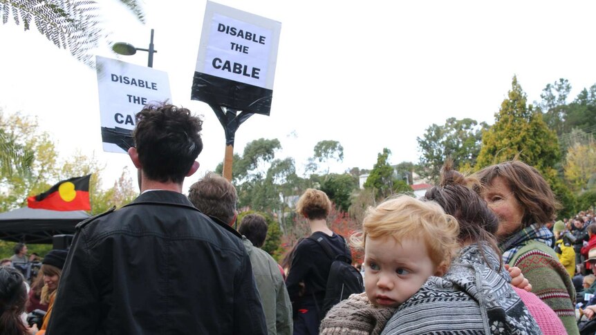 Protest signs at cable car rally
