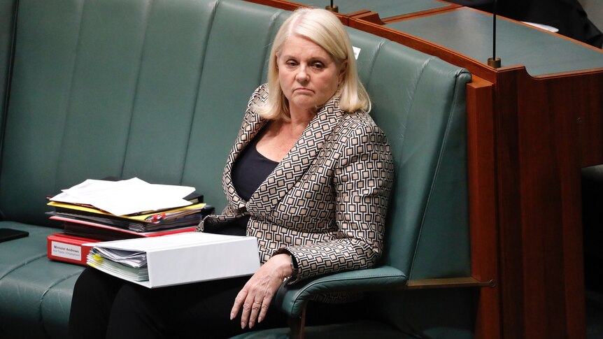 A woman sits unhappily in parliament