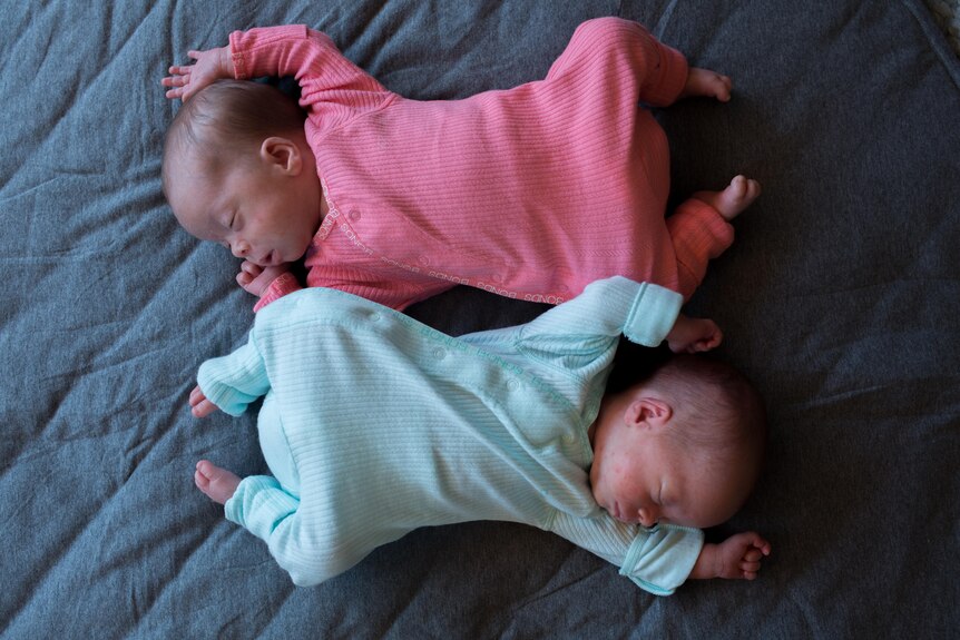 Two babies lie side by side. One in a pink jumpsuit, the other in blue. 