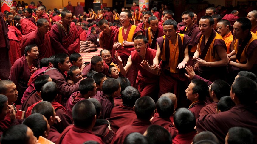 Apprentice Buddhist monks debate at Seda Monastery.