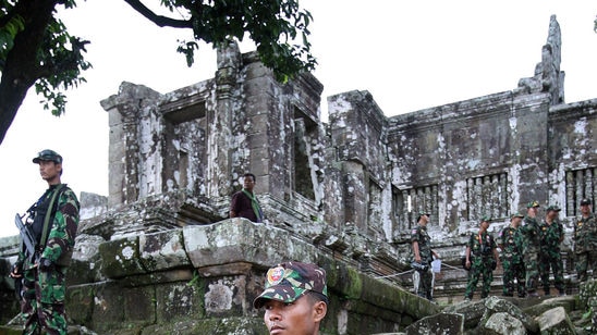 Cambodian guards stand at Preah Vihear temple