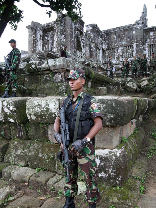 Cambodian guards stand at Preah Vihear temple