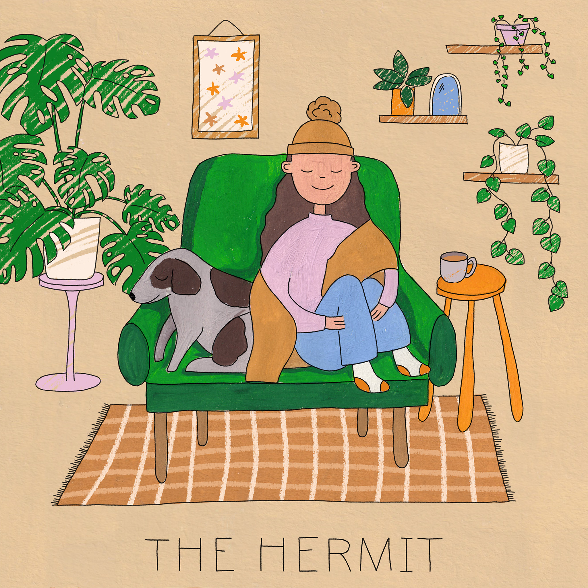 Woman sitting on a couch with a dog. Text: The Hermit
